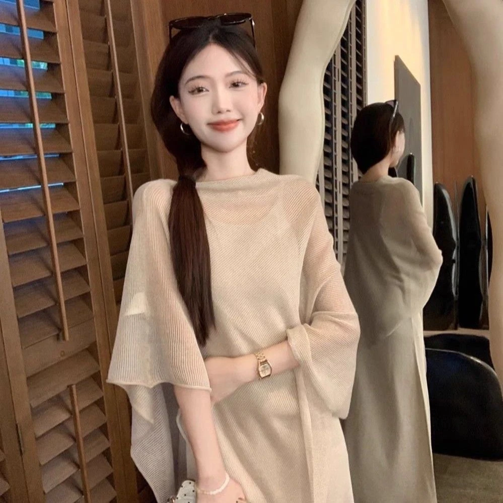 新款松弛感慵懒气质休闲套装不规则罩衫披肩吊带连衣裙两件套