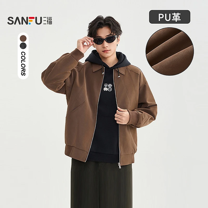 三福2025秋季男士人造革夹克 休闲翻领微落PU皮衣外套510899