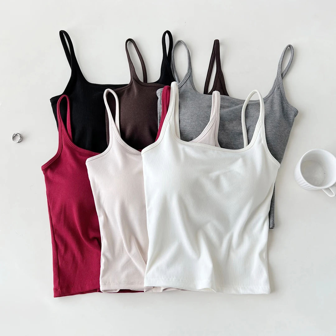 女士细肩带内里磨毛杯垫一体背心H8077