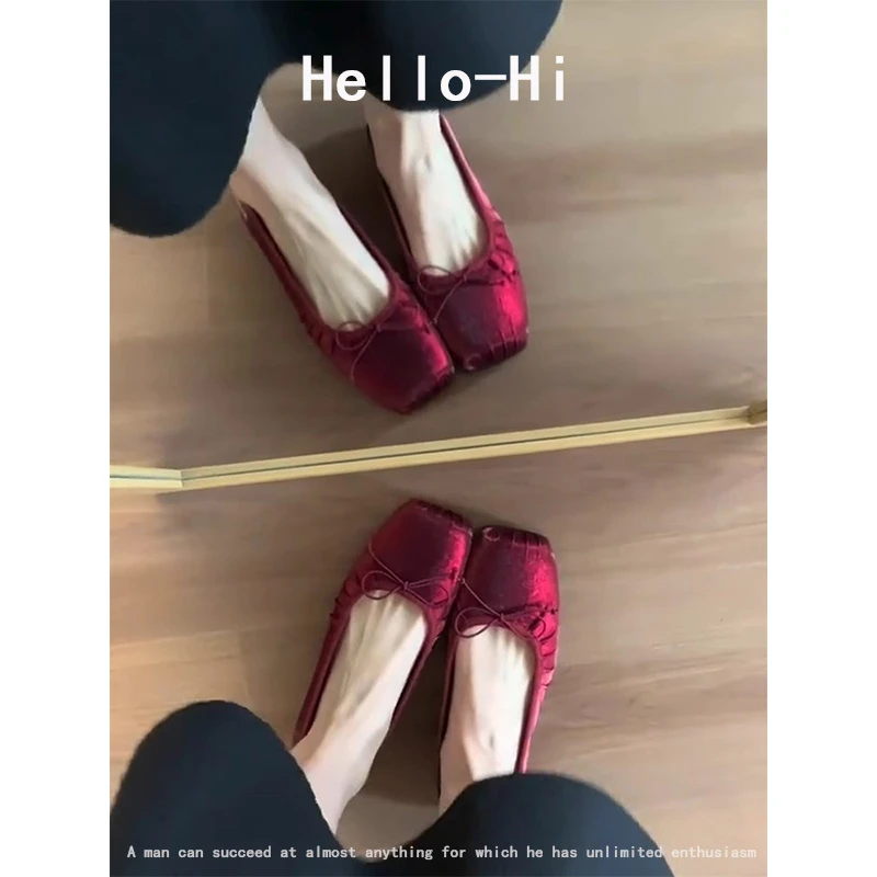 羊皮版！红色单鞋女方头高级感缎面蝴蝶结一脚蹬褶皱平底芭蕾舞鞋