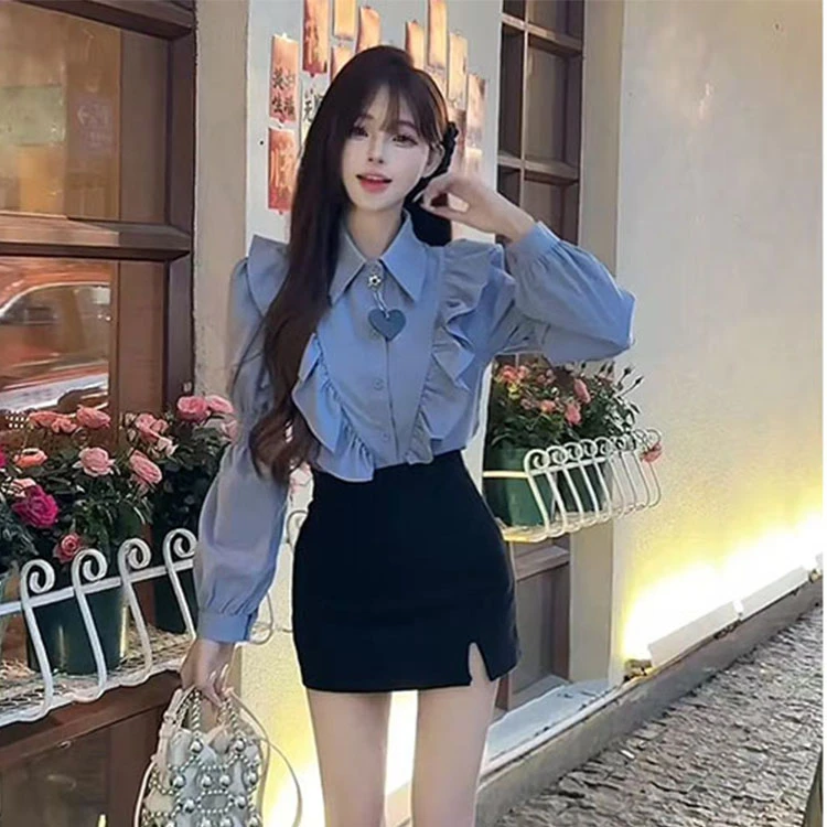 【浅浅专属】春秋季新款2025气质荷叶边设计感POLO 领泡泡袖衬衣