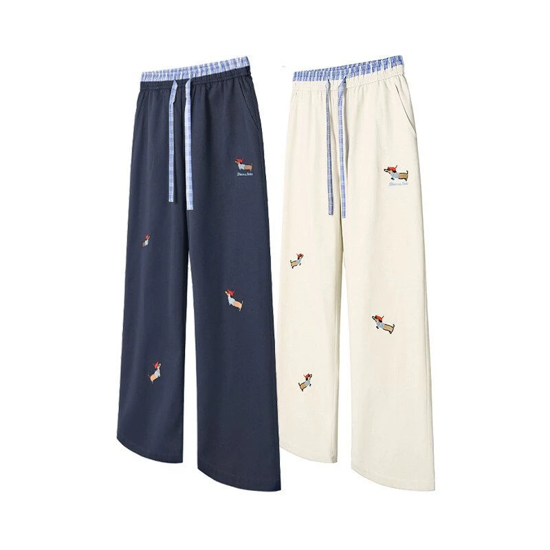 腊肠狗格子拼接休闲裤男女夏季薄款潮牌直筒长裤宽松垂感阔腿裤子