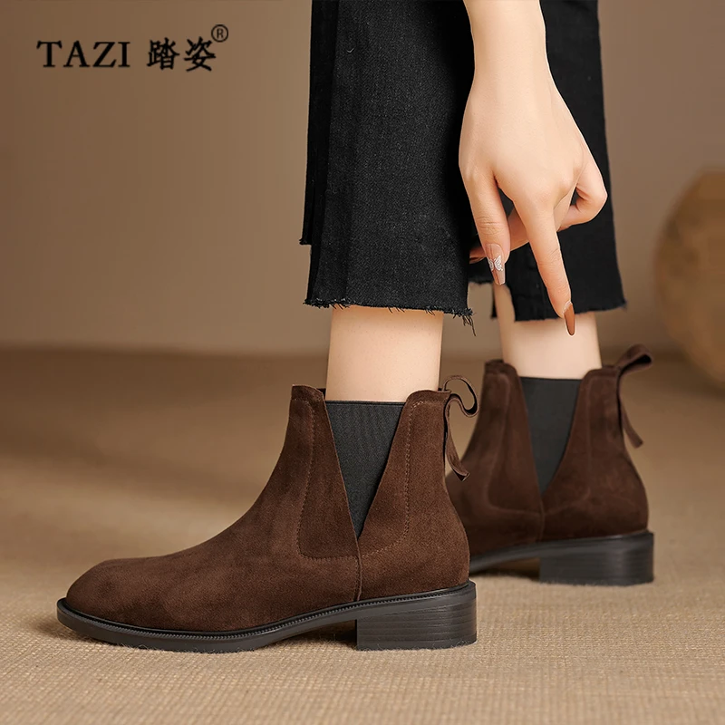 3.5cm，秋冬款时尚英伦短靴羊皮圆头短筒切尔西靴女百搭厚底