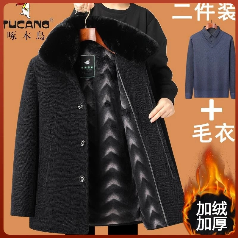 啄木鳥加厚爷爷老爸套装加绒外套冬装50岁60中老年人毛衣夹克