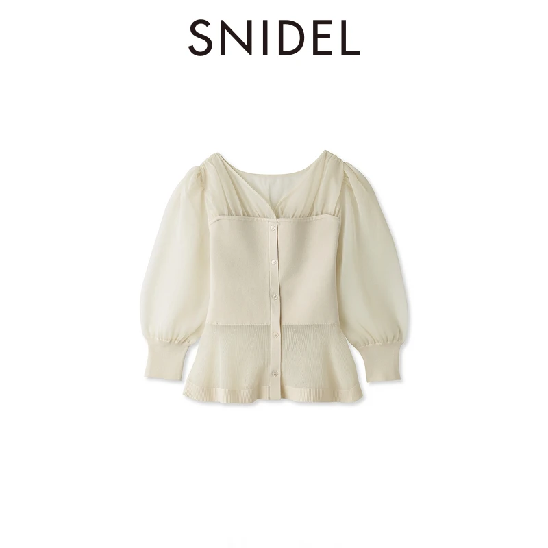 SNIDEL甜美纯色薄纱拼接收腰V领针织开衫 SWNT241162