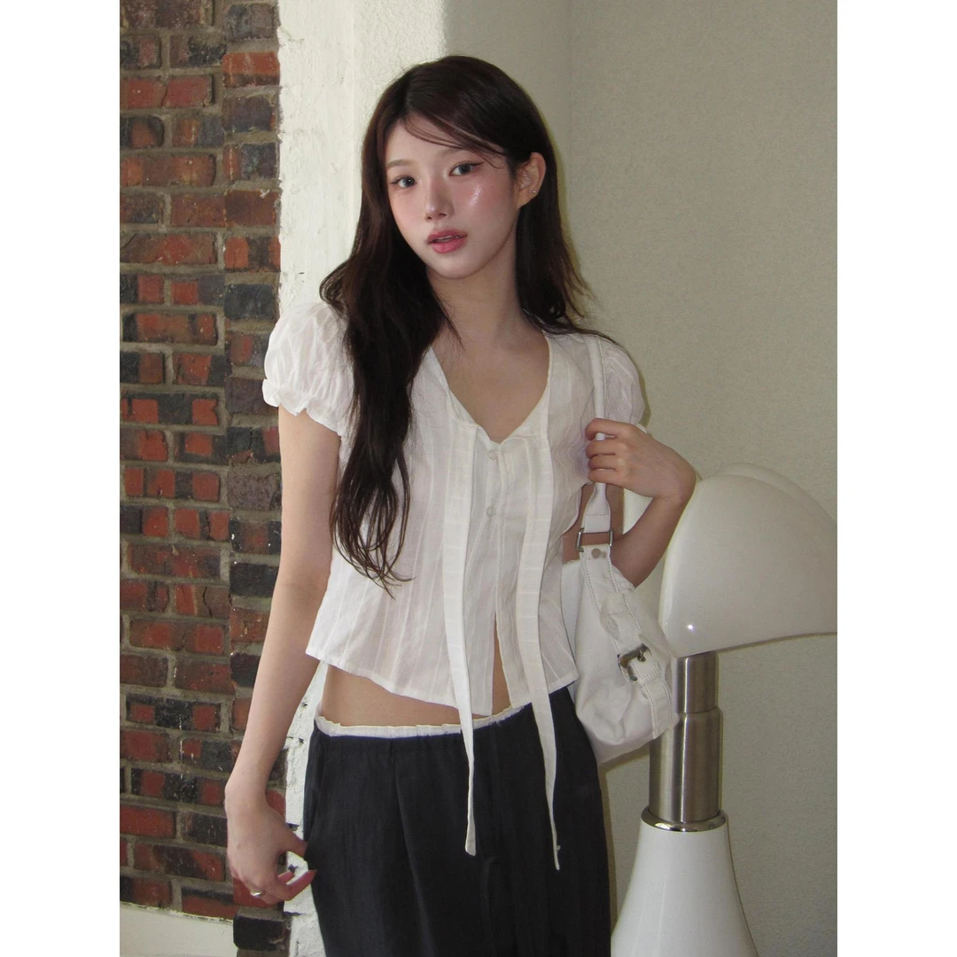 韩系甜美复古纯欲风系带泡泡袖绑带正肩短袖衬衫女夏百搭上衣显瘦