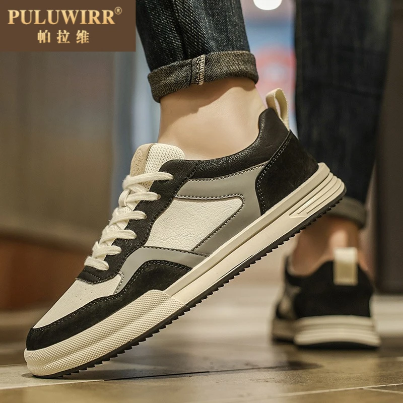 男鞋夏季潮流休闲百搭运动防滑平板鞋青少年软底工作皮面黑透气