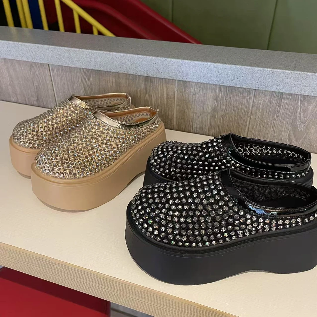 欧洲站水钻满钻渔网镂空厚底松糕包头大头凉鞋托外穿小个子拖鞋女