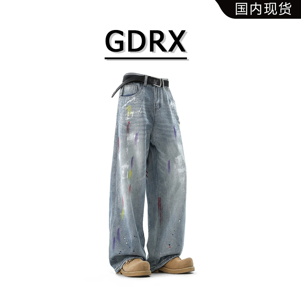 GDRX美式重磅休闲长裤男2025新款设计感涂鸦宽松直筒牛仔裤潮牌