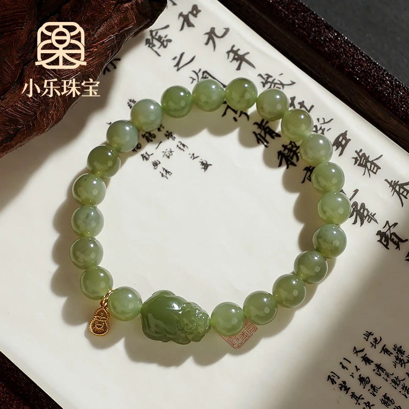 原创百搭天然和田玉貔貅手串S925银素圈手链多样性发一-9673