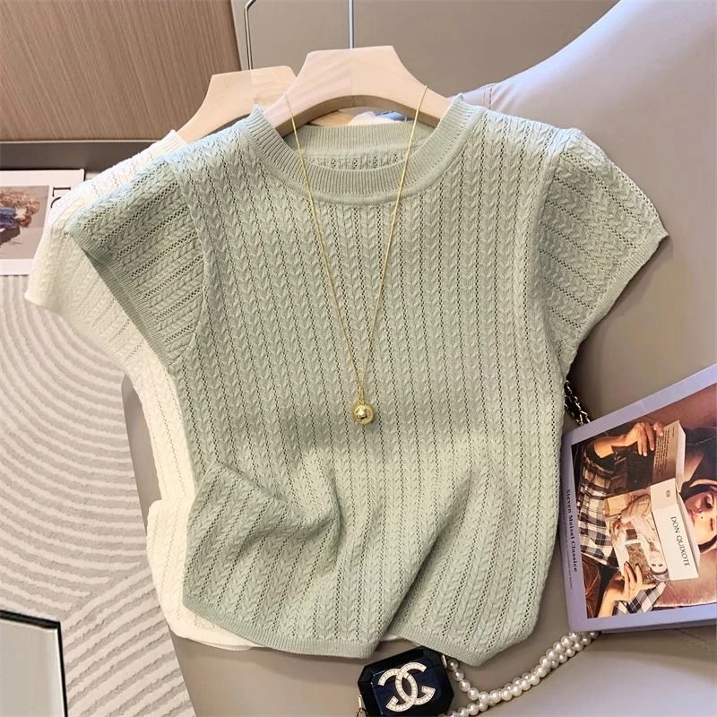 法式别致镂空冰丝短袖T恤女夏季2025新款温柔轻薄针织衫打底上衣