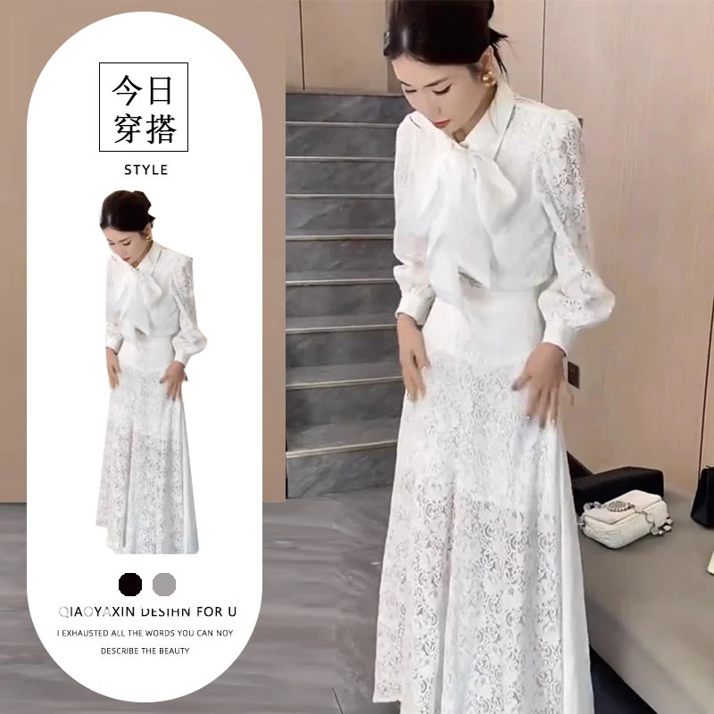 2025春夏网红新款小个子蕾丝套装女法式系带蝴蝶结衬衫+阔腿裤裙