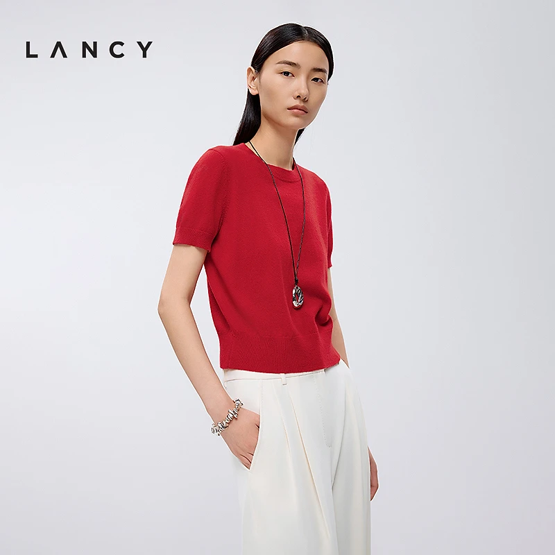 【100%羊毛】LANCY/朗姿2025春新款中国红色短袖羊毛针织衫KPR011