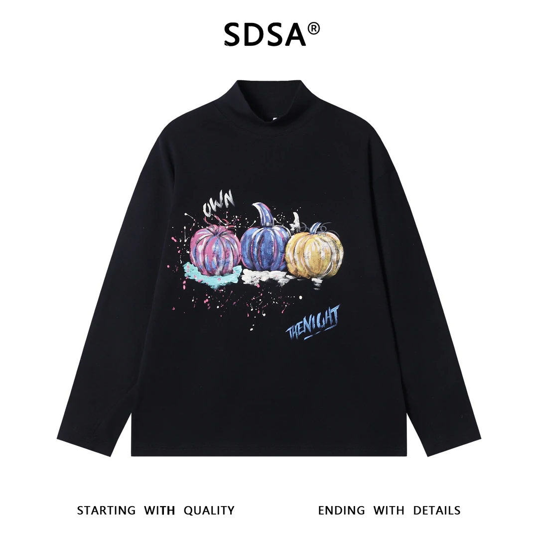 SDSA男士秋冬新款痞帅男装潮牌撞色南瓜印花半高领长袖T恤时尚潮