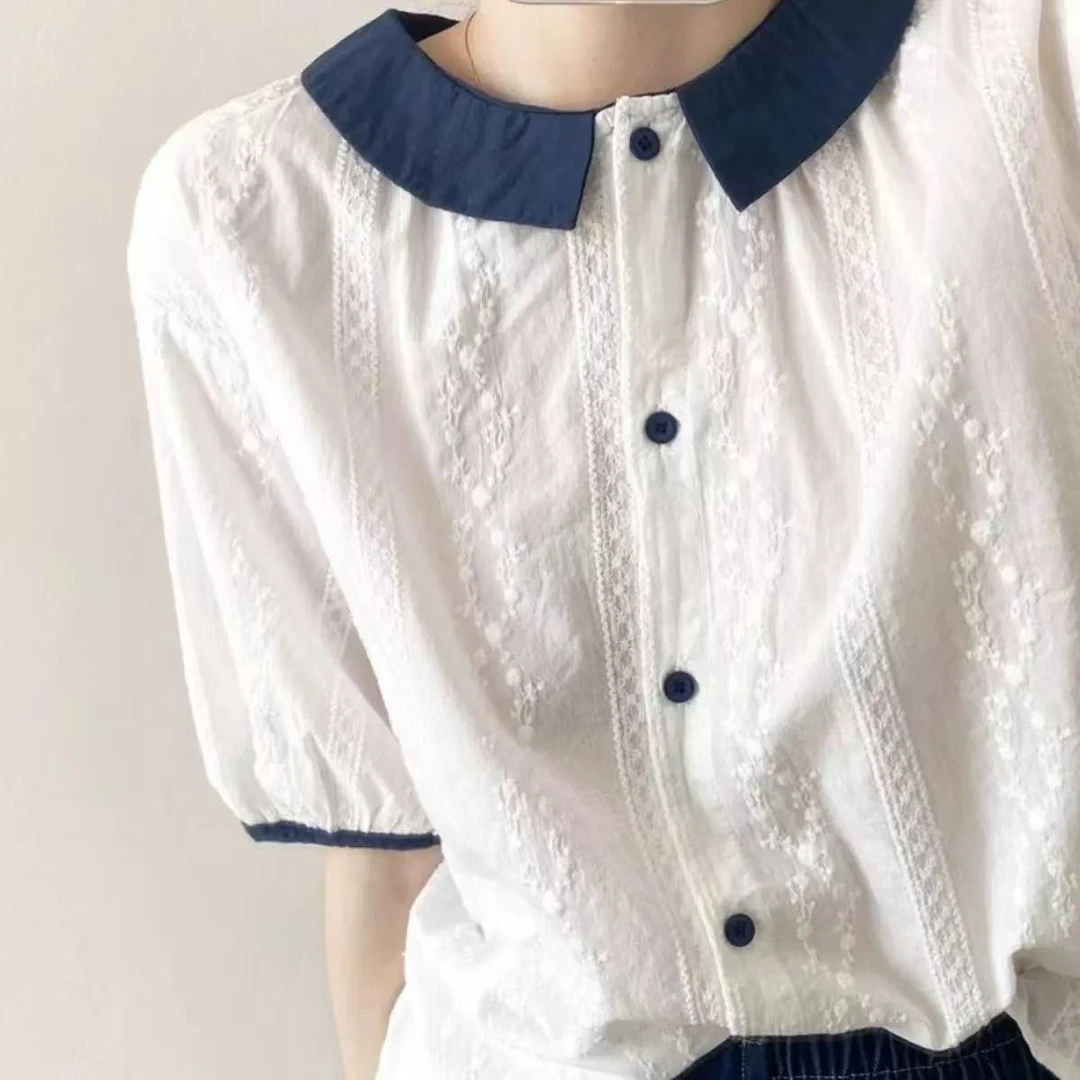 纯棉短袖娃娃领衬衫女2025夏季新款时尚百搭提花小衫遮肉显瘦上衣