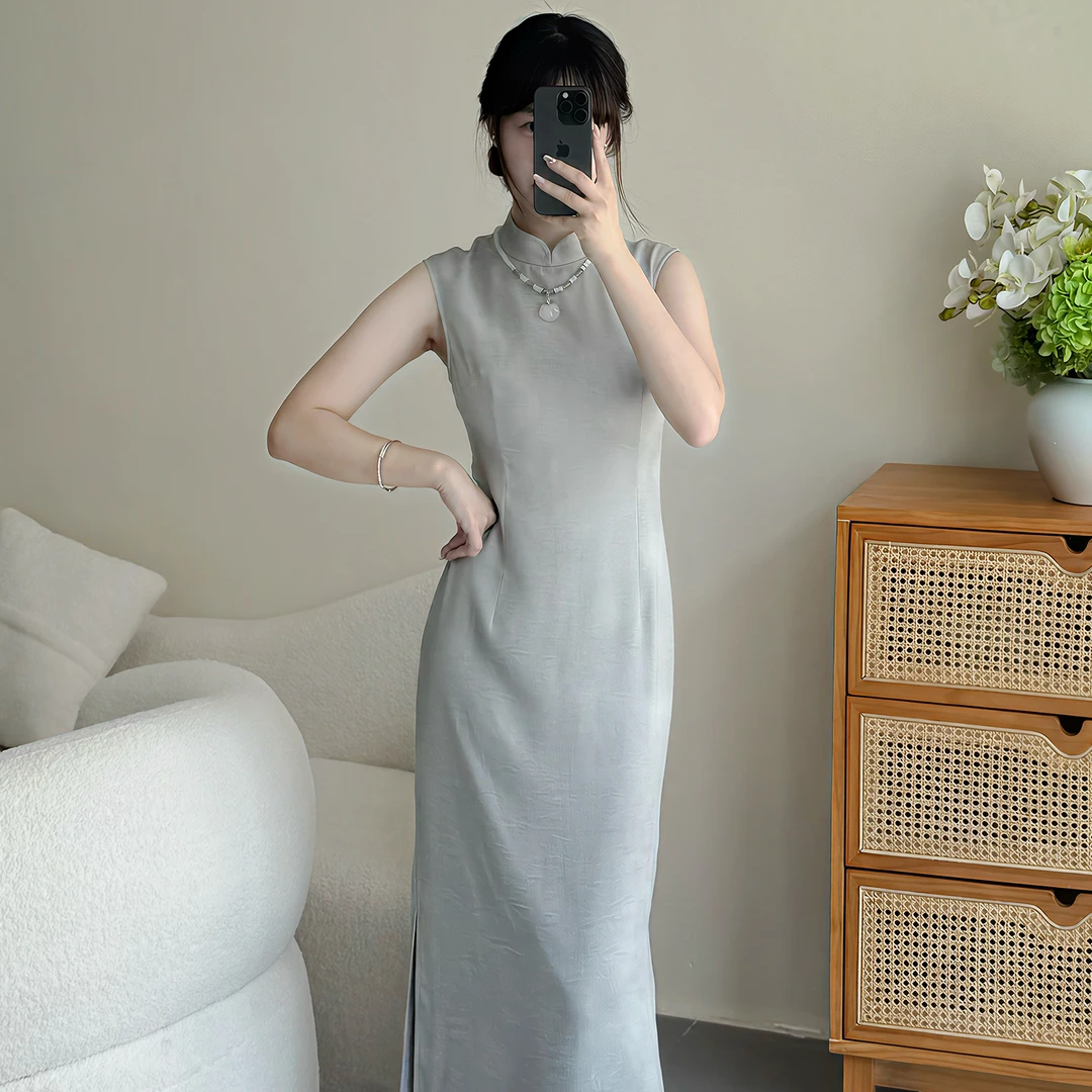 半枫荷【草木灰】炒色提花无袖港工夏款收腰立领长款气质日常旗袍