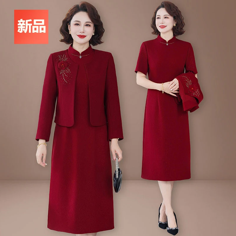 2025新款妈妈秋装国风套装喜婆婆婚宴中老年秋款礼服连衣裙套装女