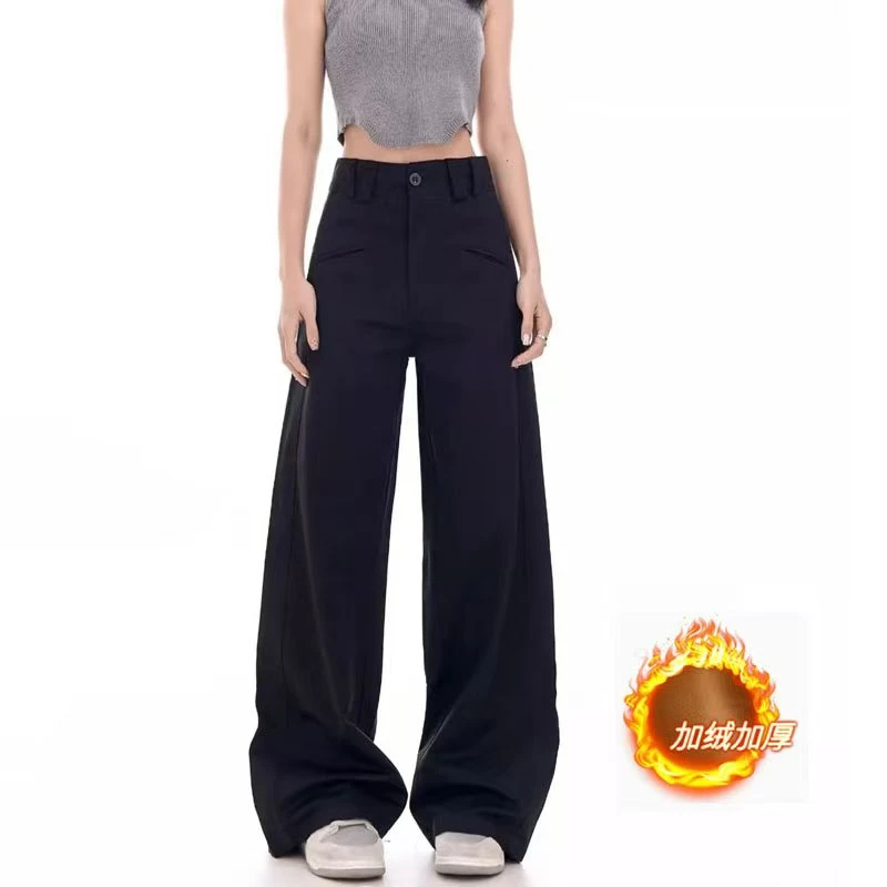 现货)黑色西装裤胖mm大码女装春秋冬高腰休闲垂感显瘦工装阔腿裤