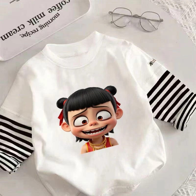 儿童春秋季2025新款假两件长袖哪吒卡通男女童洋气长袖T恤上衣潮