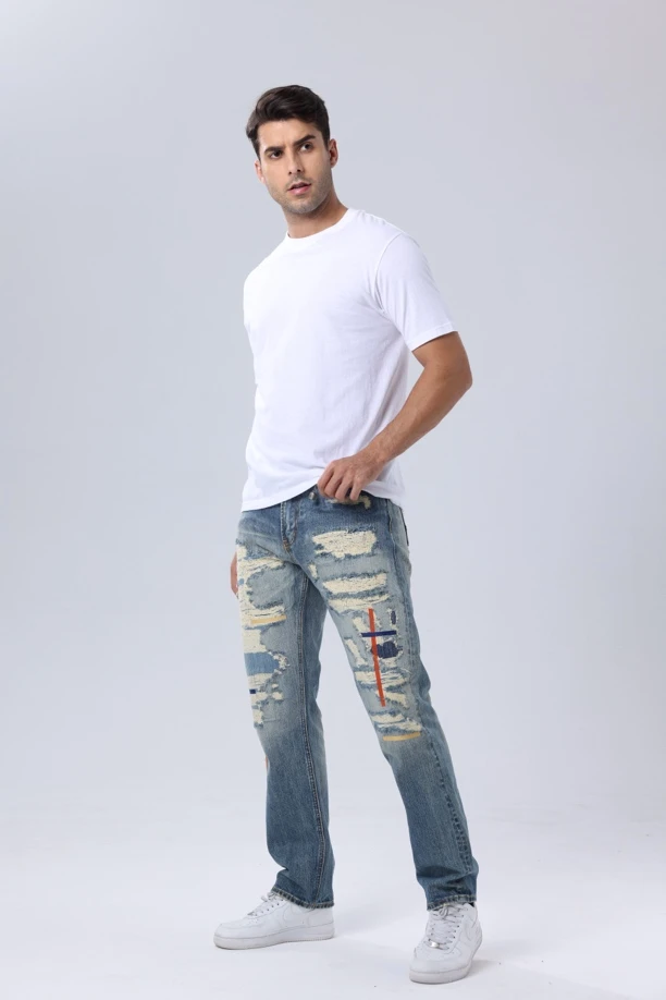 赤耳丹宁16oz补丁3D刺绣彩线 男士洗水磨破修身直简牛仔长裤牛魔