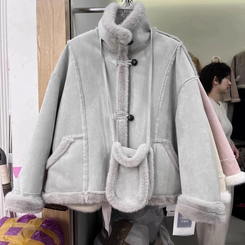 现货送包包 女短款2025新款皮毛一体冬季韩版宽松立领机车风2578