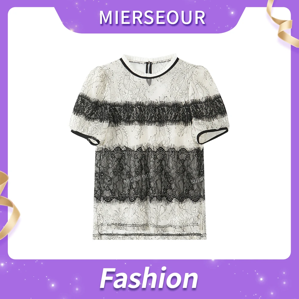 【奥法庄园】温柔风睫毛蕾丝拼接设计短袖1887