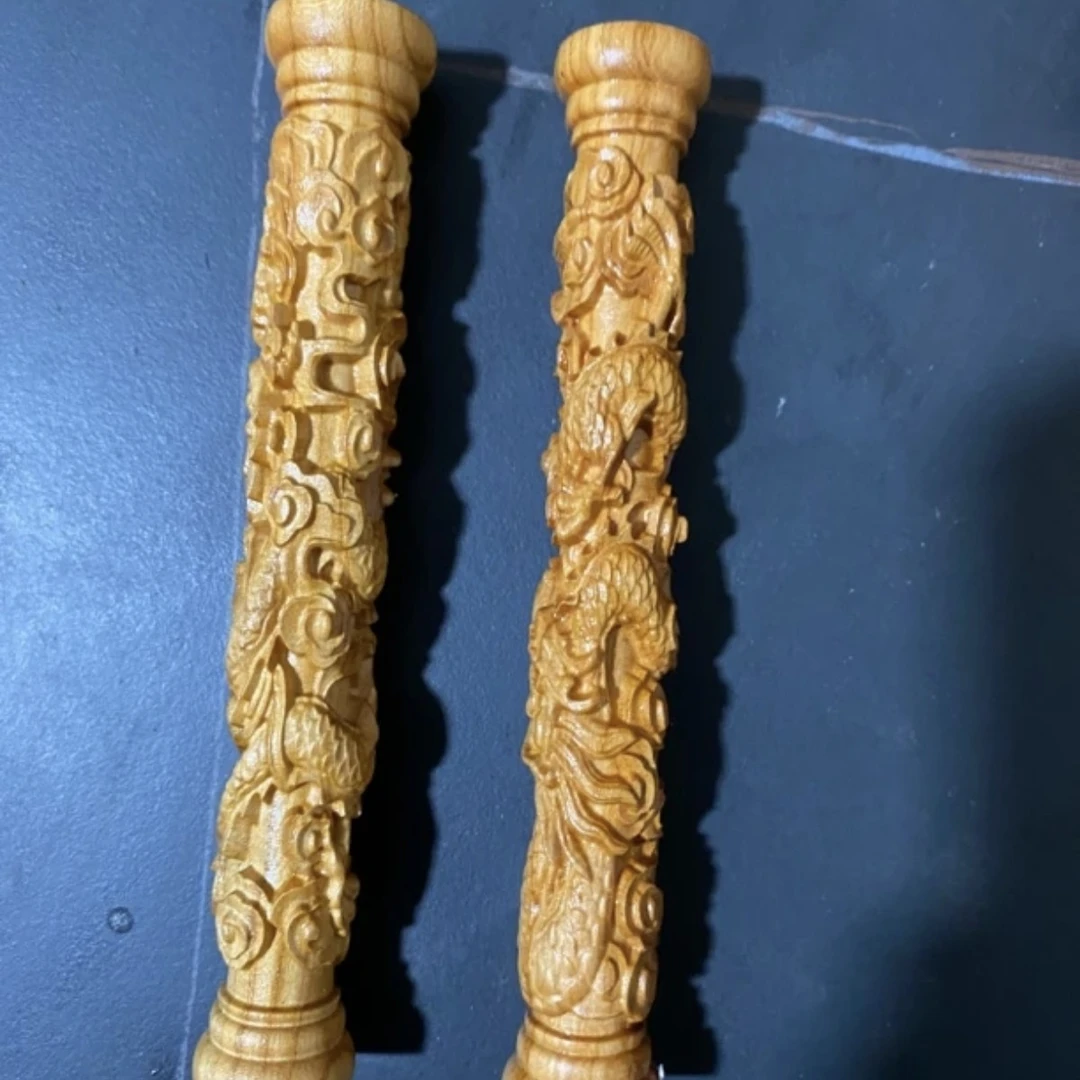 东南枝老桃树木雕刻盘龙柱手把件护主平安招财纳福盘玩镇尺