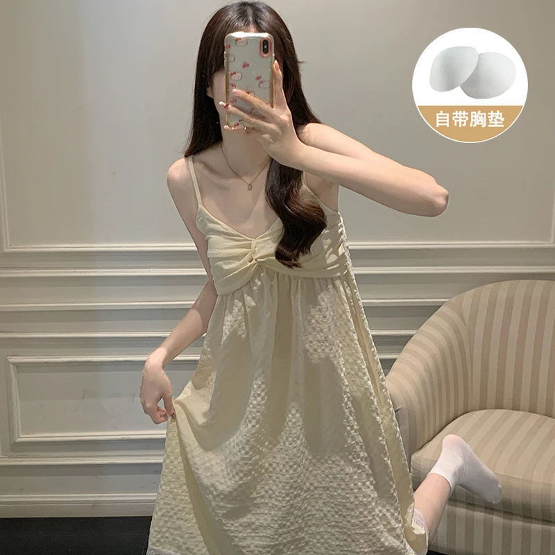 带胸垫夏季性感吊带睡裙女甜美花边2025新款云朵棉休闲睡衣家居服