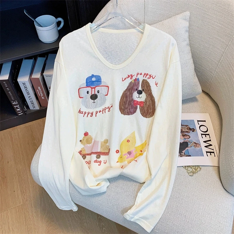 字母动物印花防晒T恤长袖时尚休闲ins微透圆领卡通可爱套头罩衫