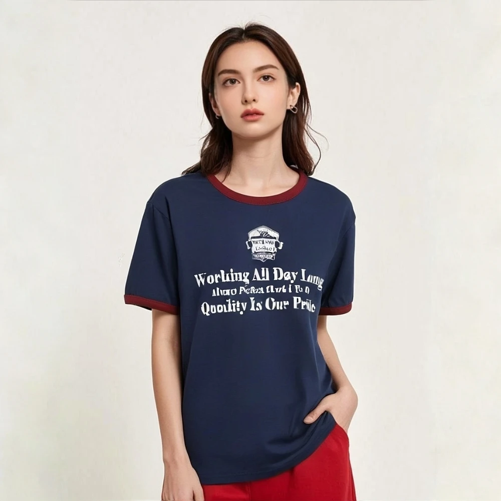 复古美式撞色T恤打底-3027