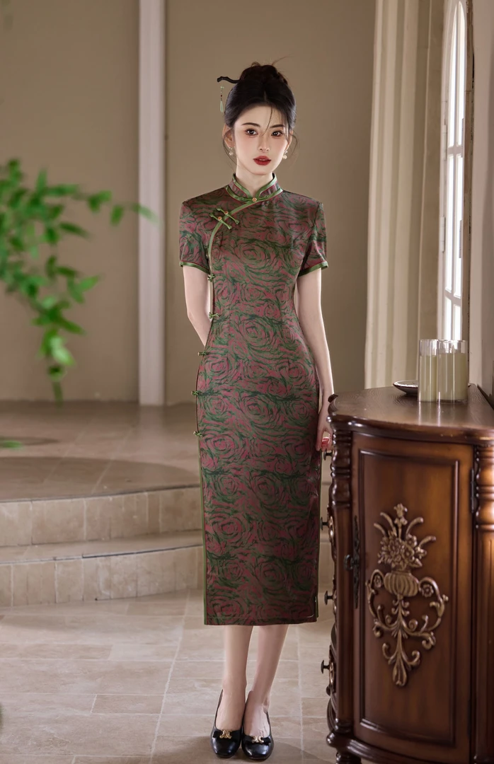 旗袍 长款 双层 侧八扣（衣长约125cm）玫瑰的故事 （紫) W439