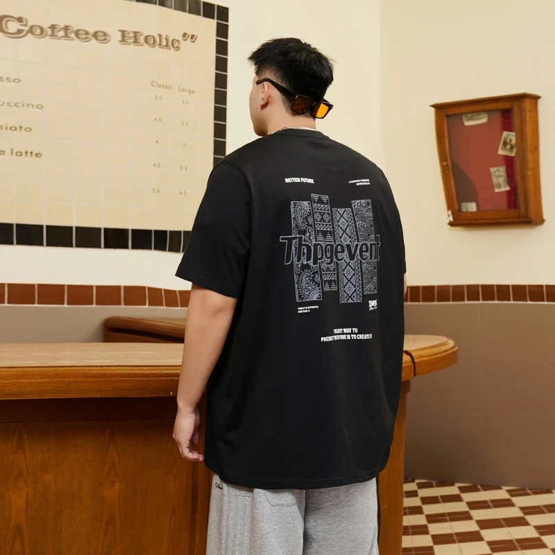 THE PANG大码男装2025夏胖子宽松民族风印花短袖T恤纯棉休闲