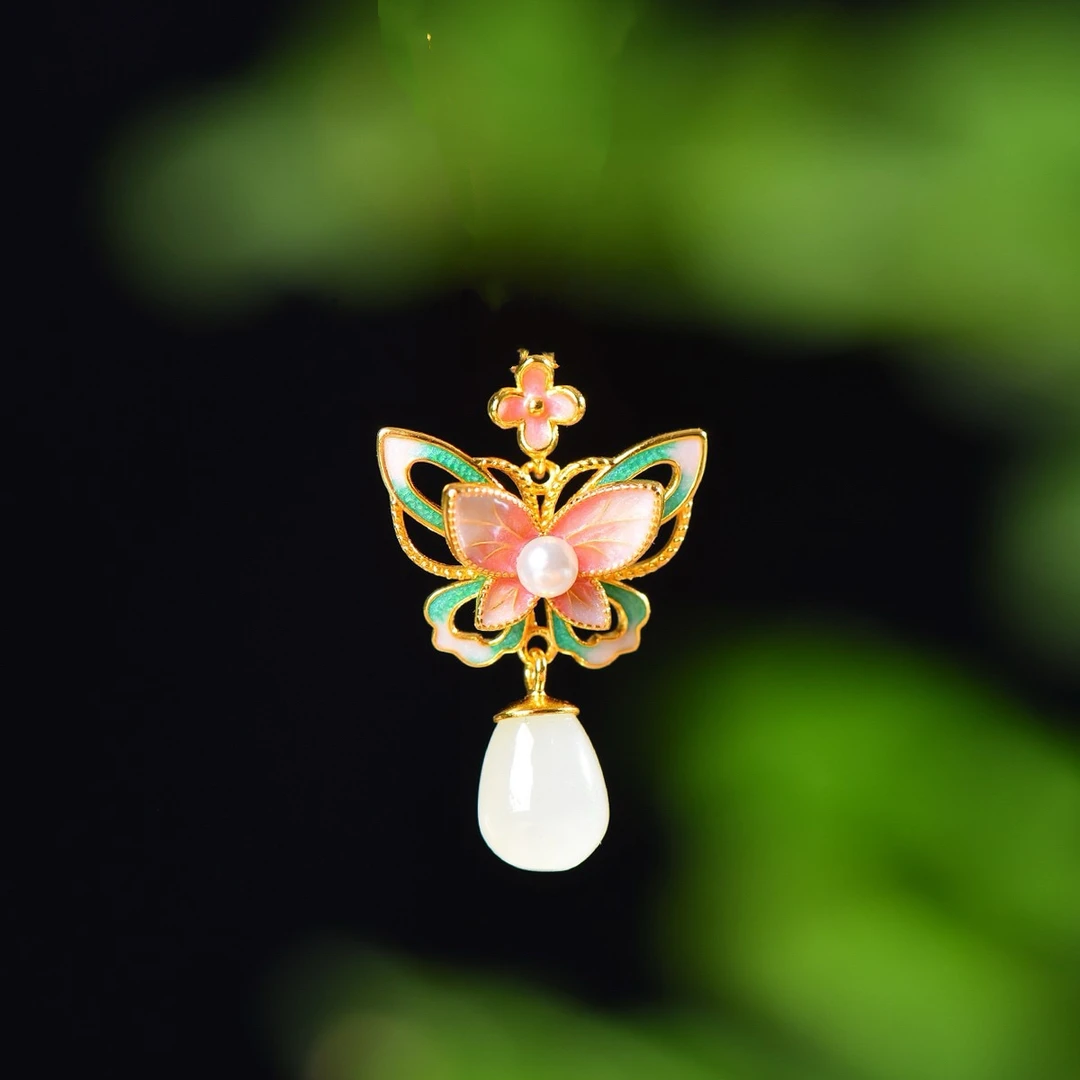 蝴蝶和田玉吊坠S925银镶嵌珐琅彩新中式国风百搭时尚百搭