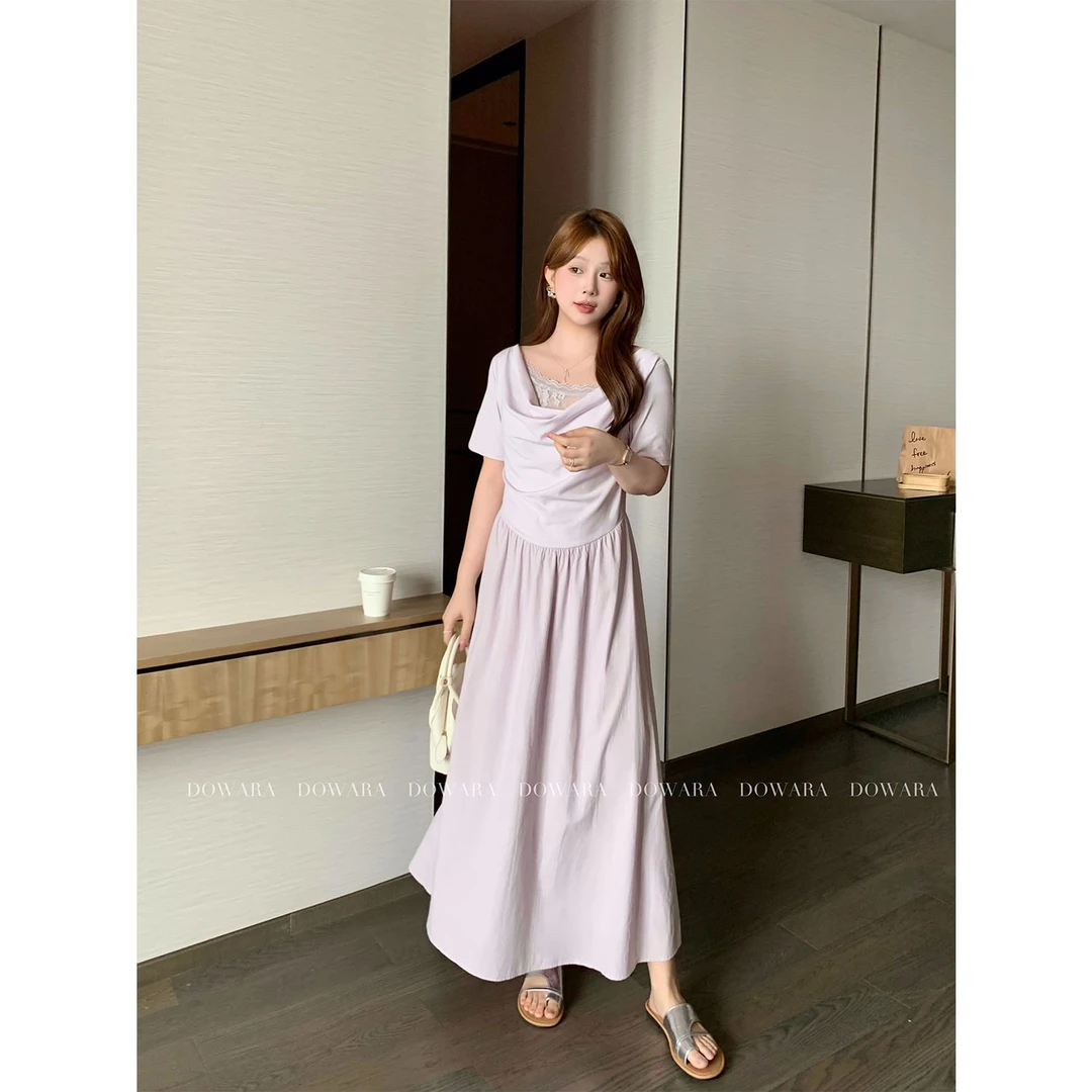 现货大婉酱千千微胖定制【温柔姐感】莱赛尔荡领蕾丝连衣裙女9199x