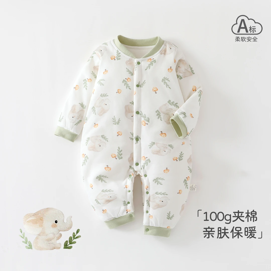 婴儿连体衣外出保暖纯棉无骨男女宝宝100克夹棉哈衣秋冬婴儿衣服