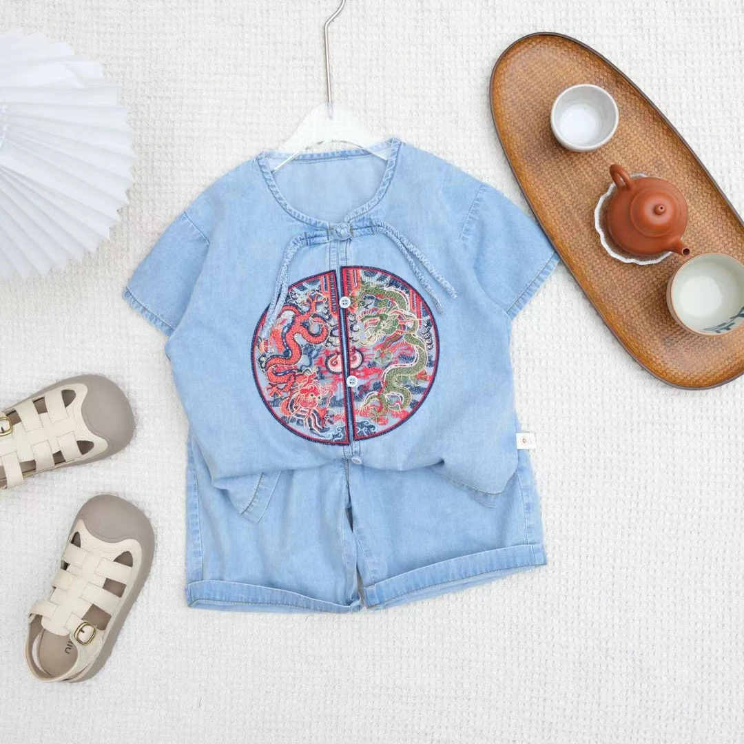 儿童夏季刺绣小龙人国风牛仔短袖套装H-1139