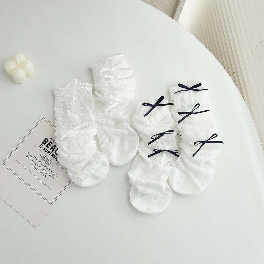 可爱百搭蝴蝶结儿童中筒袜春夏韩版小腿透气镂空推推袜女童袜