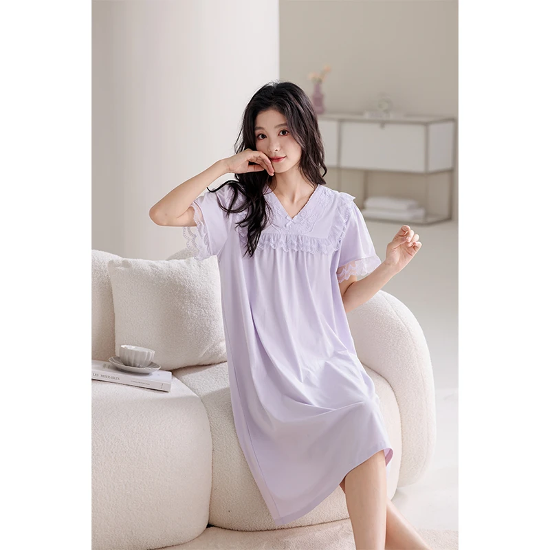 V领女士家居服套装法式蕾丝边居家减龄睡衣公主风女士舒适宽松
