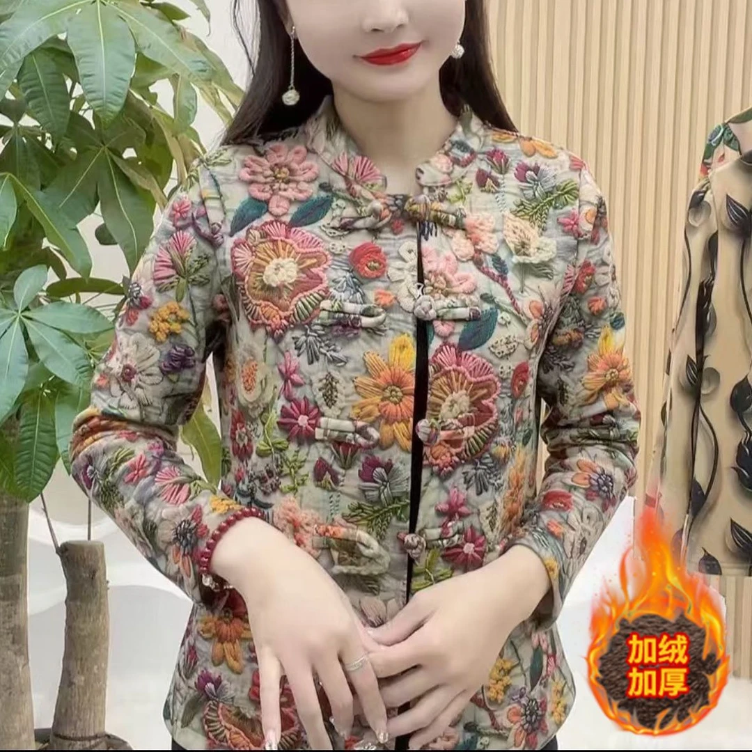 中老年冬季妈妈盘扣中式2025加绒碎花新款百搭时尚装厚外套