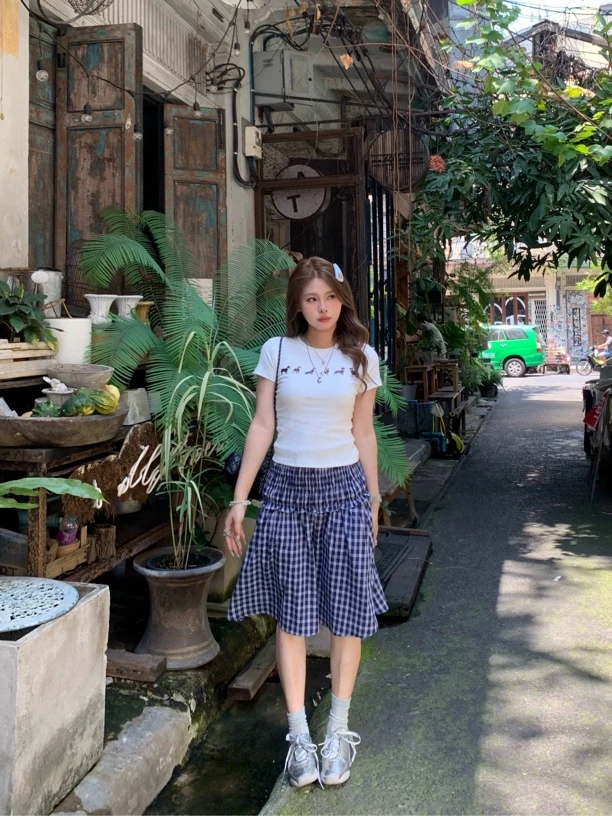 宅宅athome//蓝调伯爵 别致两穿格纹褶皱半身伞裙/抹胸背心裙春夏