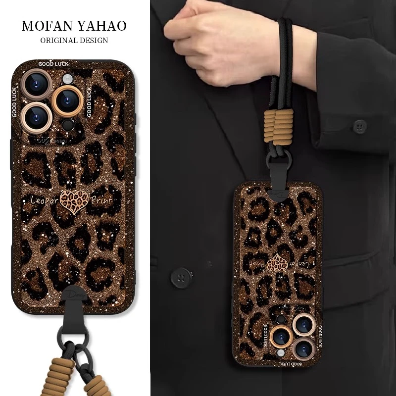 闪粉豹纹爱心适用苹果16promax手机壳手腕挂绳iphone 17保护壳15p