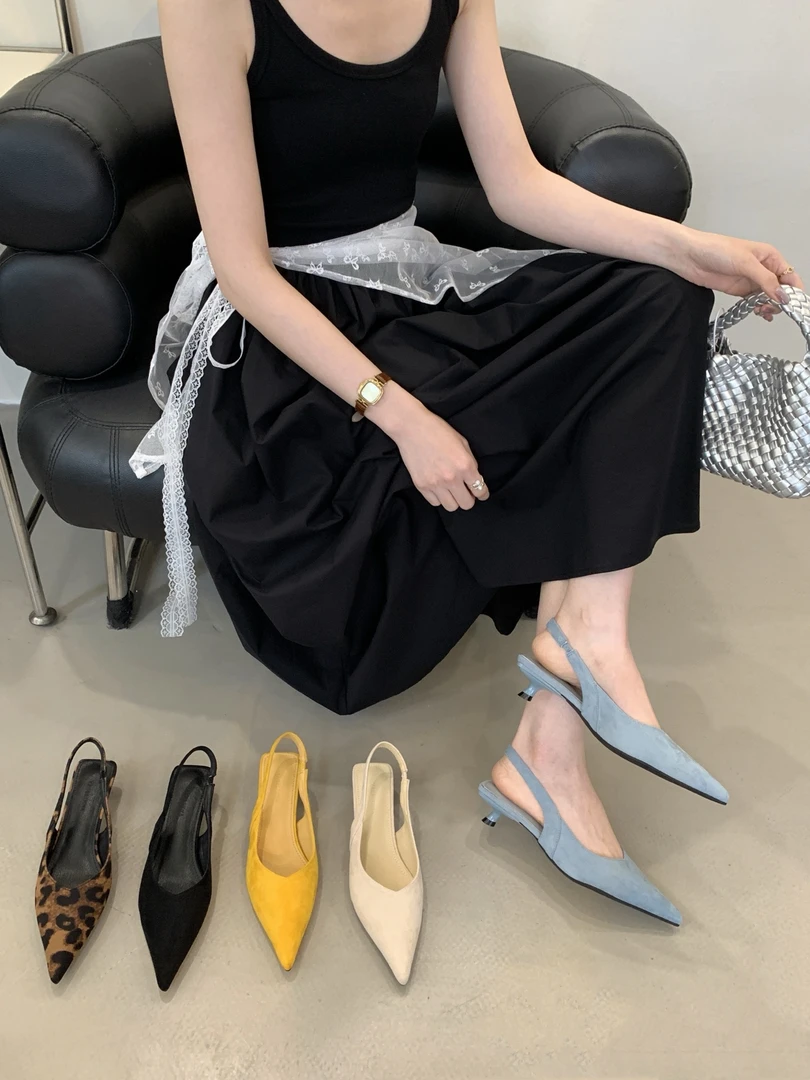 法式气质尖头包头凉鞋女新款绒面细跟性感显瘦后空单鞋21099-26