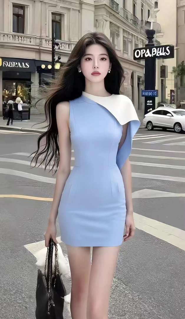 轻奢时尚高端大气别致设计感蓝色修身圆领无袖收腰包臀连衣裙女