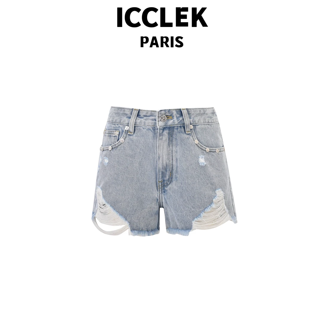 ICCLEK 浅蓝色百搭刺绣短裤宽松修身气质时尚通勤显瘦裤子 -5421