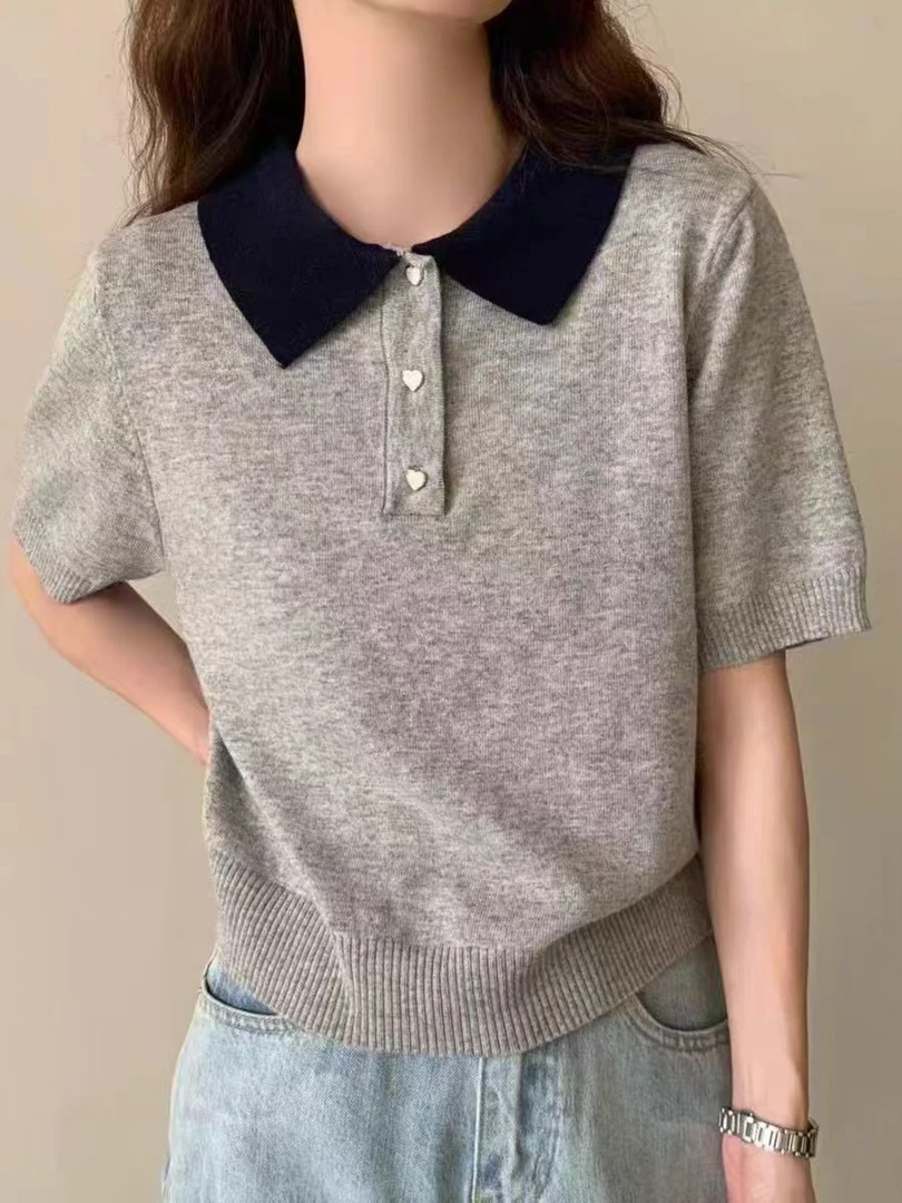 908#学院风灰色polo领短袖正肩t恤女夏季冰丝针织短款上衣翻领