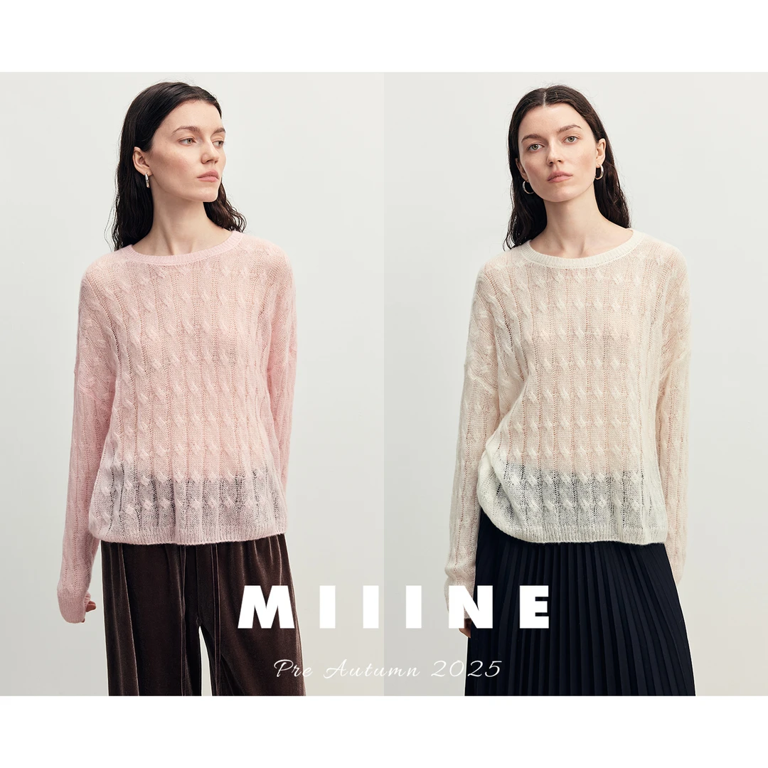 MIIINE 桑蚕丝羊绒混纺细腻亮丝珠片 圆领绞花罩衫毛衣 轻透
