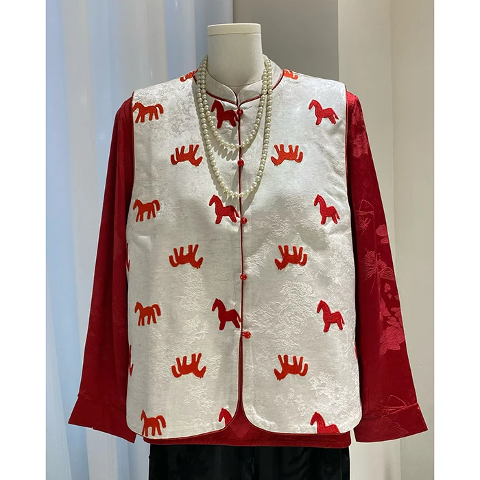 人丝+亚麻面料 小马刺绣 新中式国风双面穿马甲坎肩