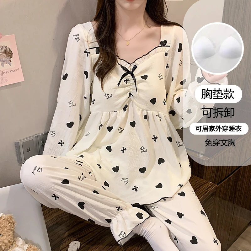 长袖睡衣女款春秋季薄款带胸垫公主风卡通女士家居服套装9311