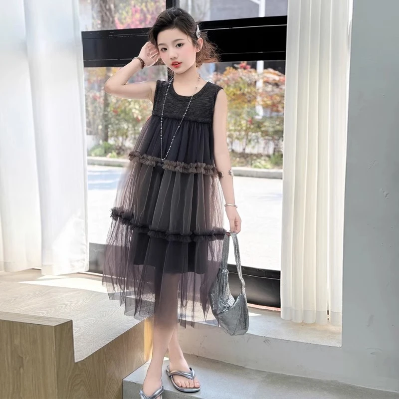 女童夏季连衣裙2025新款洋气女大童夏装网纱背心裙儿童无袖公主裙