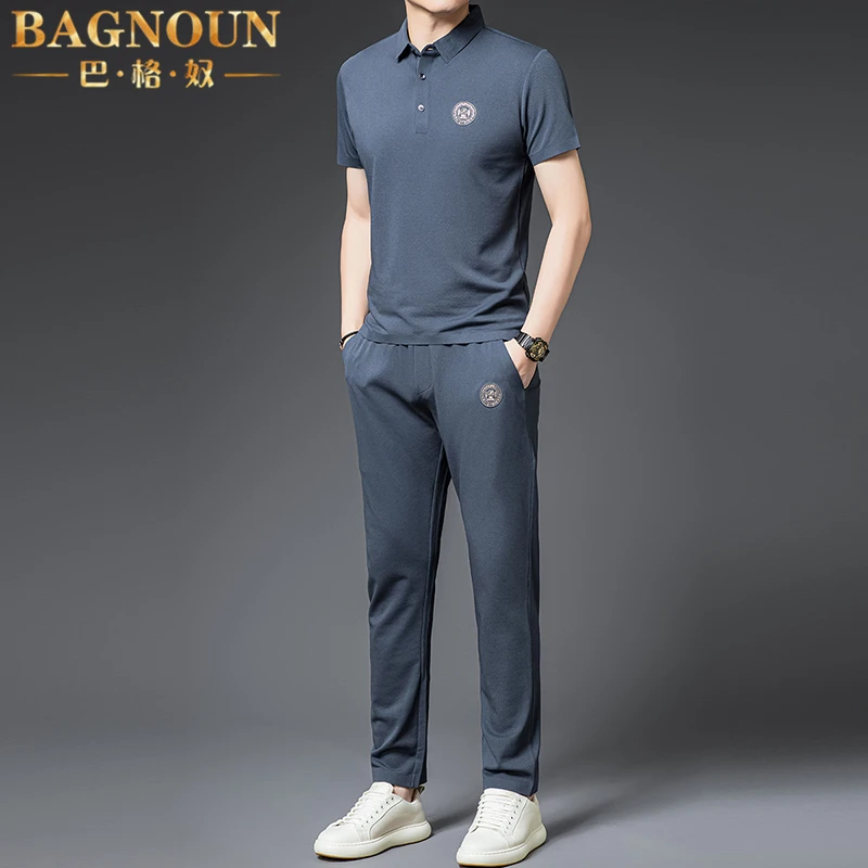 巴格奴纯桑蚕丝休闲运动套装男士夏季新款时尚高端中年大码两件套